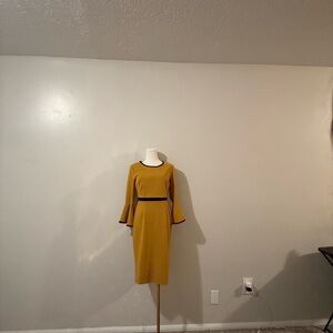Gold Sheath Dress with Bell Sleeves and Crew Neck